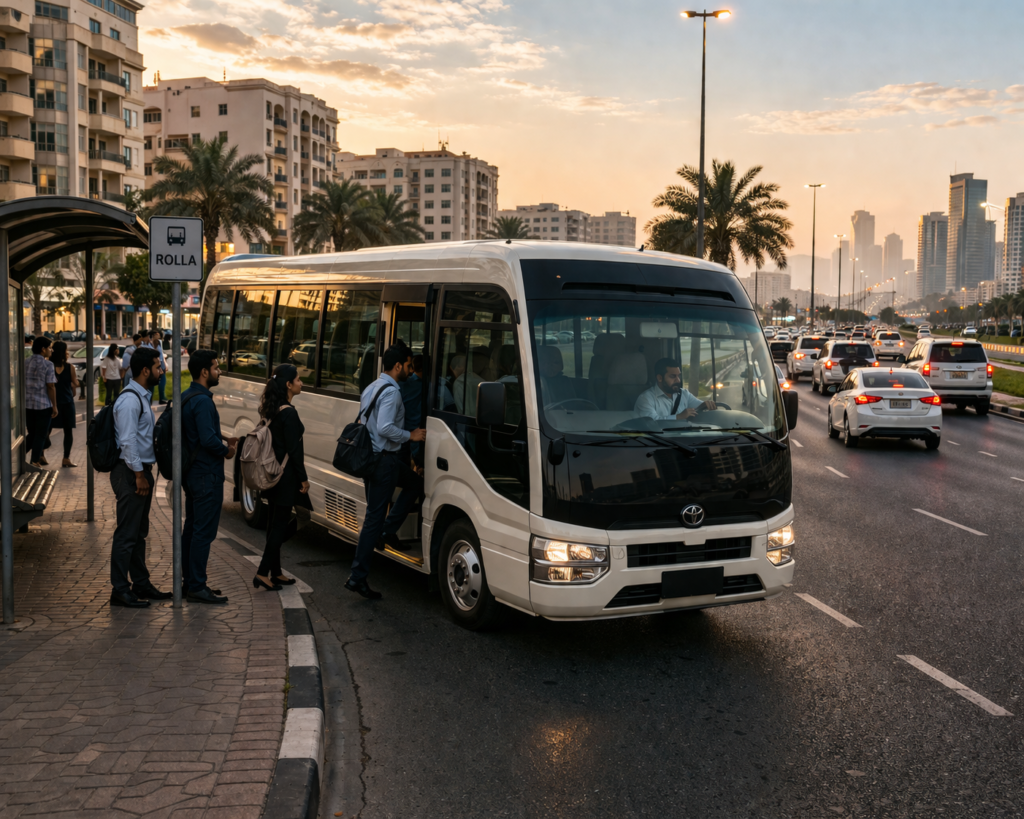 Passengers boarding a carlift bus at Rolla Sharjah pickup point with traffic moving towards Jebel Ali during evening commute UAE