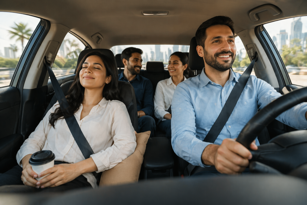 Passengers enjoying a comfortable shared carlift ride with a professional driver during a city commute, highlighting safe and convenient daily transportation.
