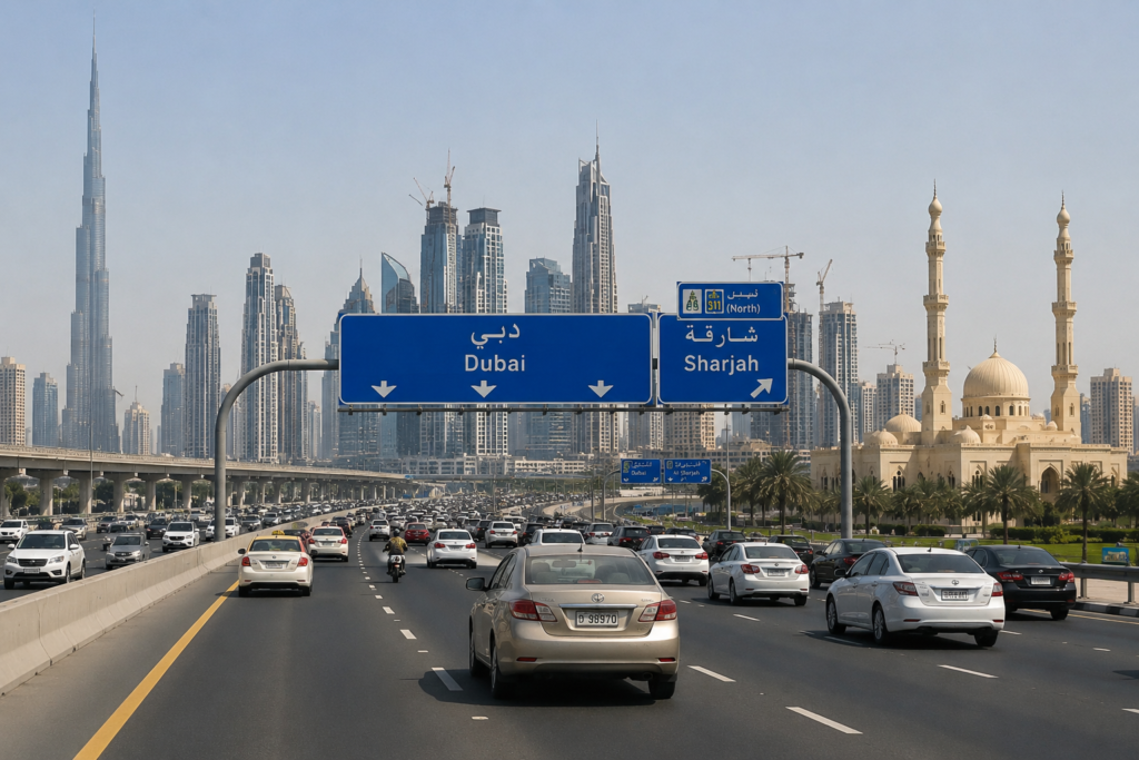 Sharjah vs Dubai Living in 2026 — Which Is Better for Blue Collar & Industrial Workers? Dubai Sharjah highway E311 with heavy traffic and road signs showing directions to Dubai and Sharjah - carlift to Jebel Ali Freezone for industrial workers commuting from Sharjah to Dubai UAE 2026