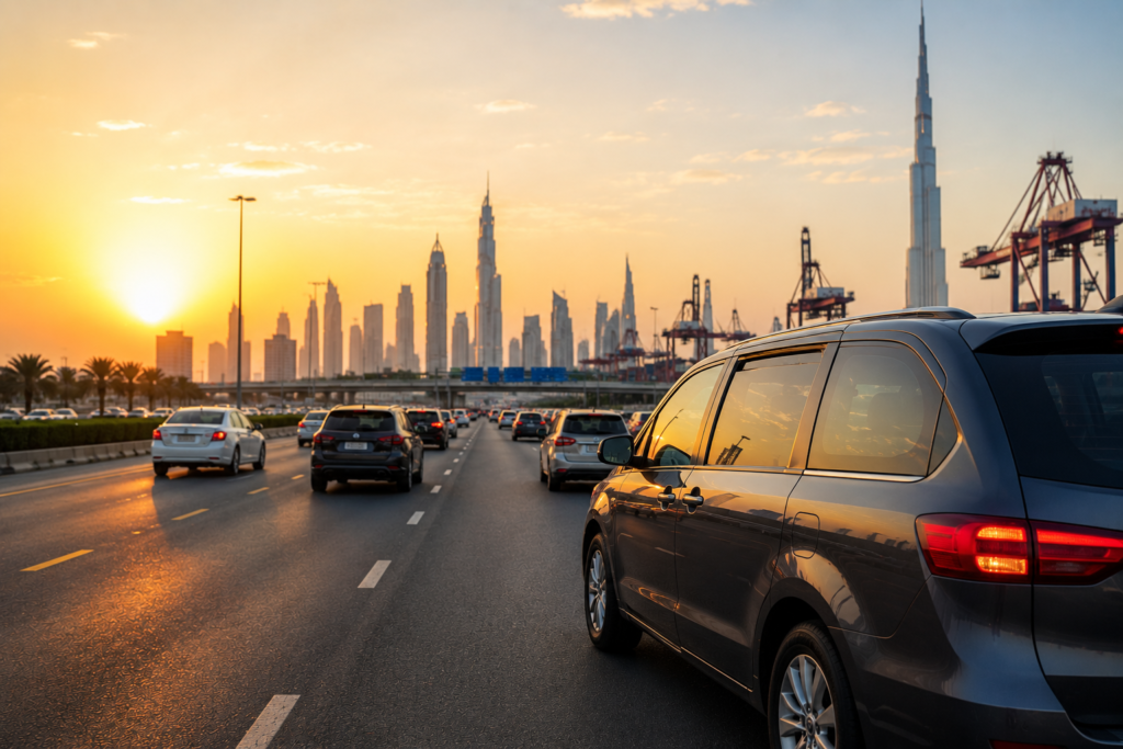 Carlift to Jafza service traveling from Sharjah to Jebel Ali during morning traffic
