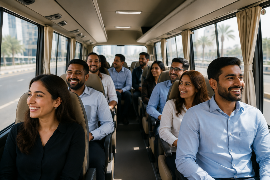 Happy professionals commuting together inside a comfortable coaster bus during a daily Sharjah to Jebel Ali office transport service.