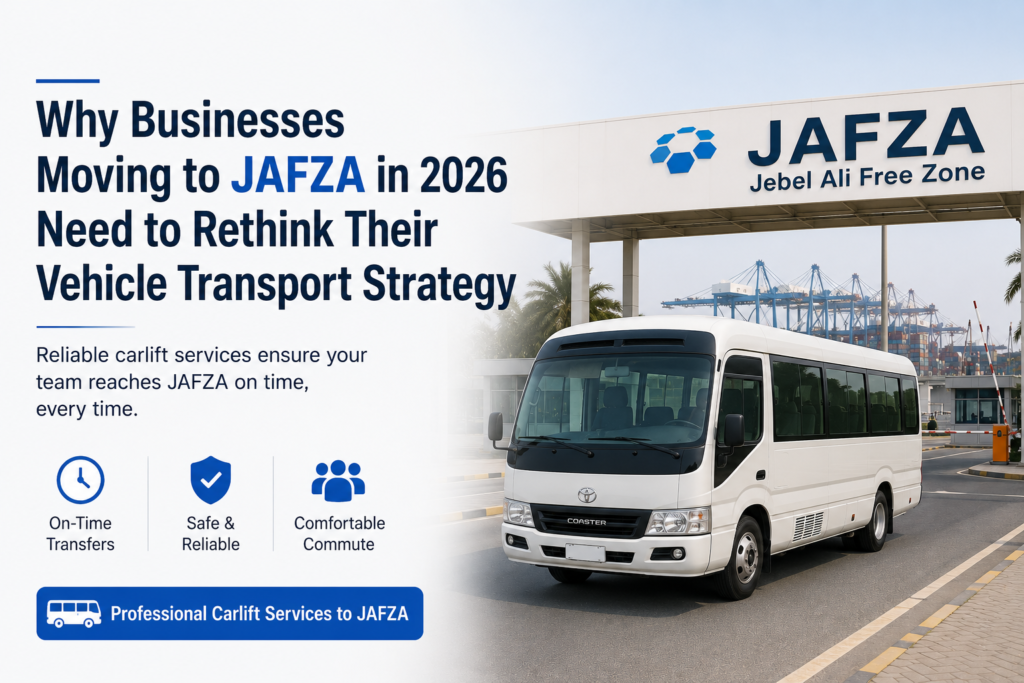 Carlift to JAFZA service in Dubai with employee transport bus at Jebel Ali Free Zone for reliable staff commuting in 2026.