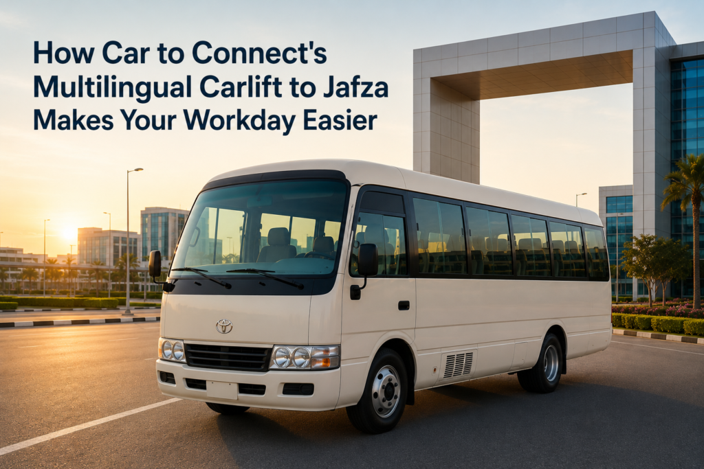 White passenger bus used for Carlift to Jafza services, offering comfortable and reliable employee transport.
