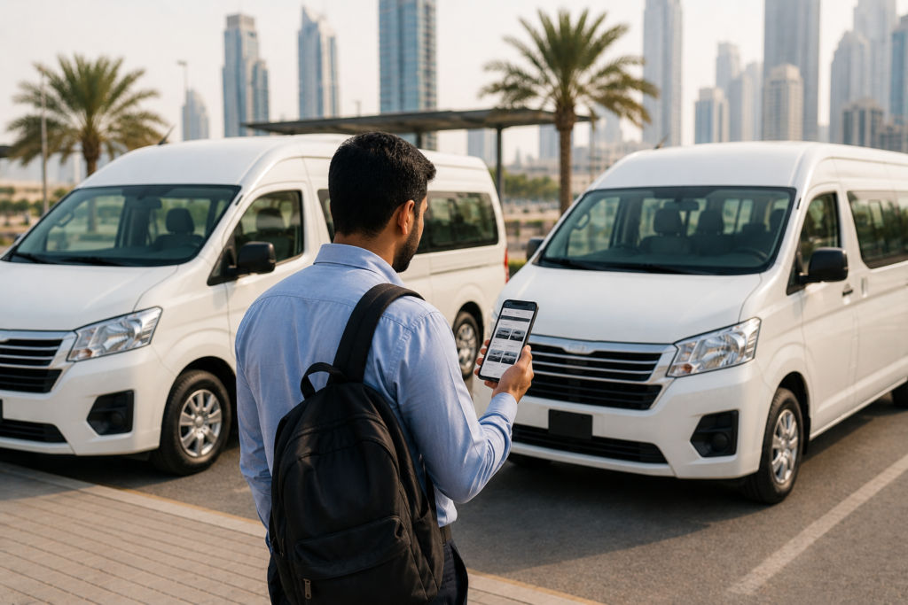 Passenger selecting a Carlift to Jebel Ali Freezone while standing near commuter vans, representing safe and convenient daily transport services.