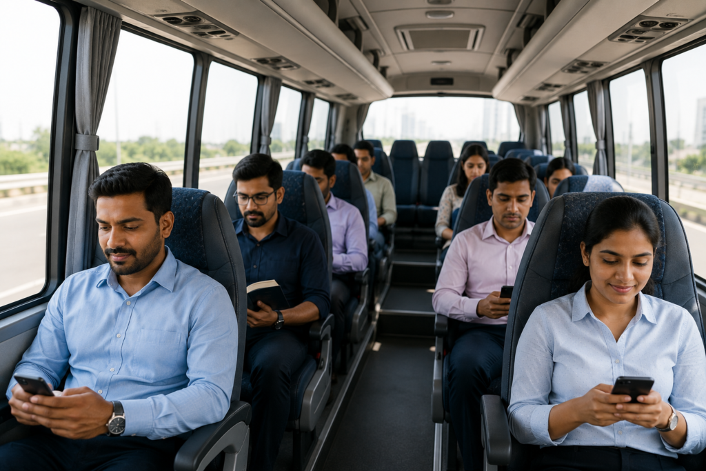 Passengers seated inside a modern coaster vehicle providing reliable Carlift to Jafza services from Sharjah.
