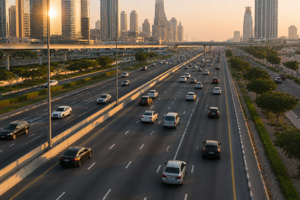 A city highway at sunset with moderate traffic, showing cars in multiple lanes and a city skyline, representing the convenience of using a Sharjah to Jebel Ali carlift service to reduce commuting time.