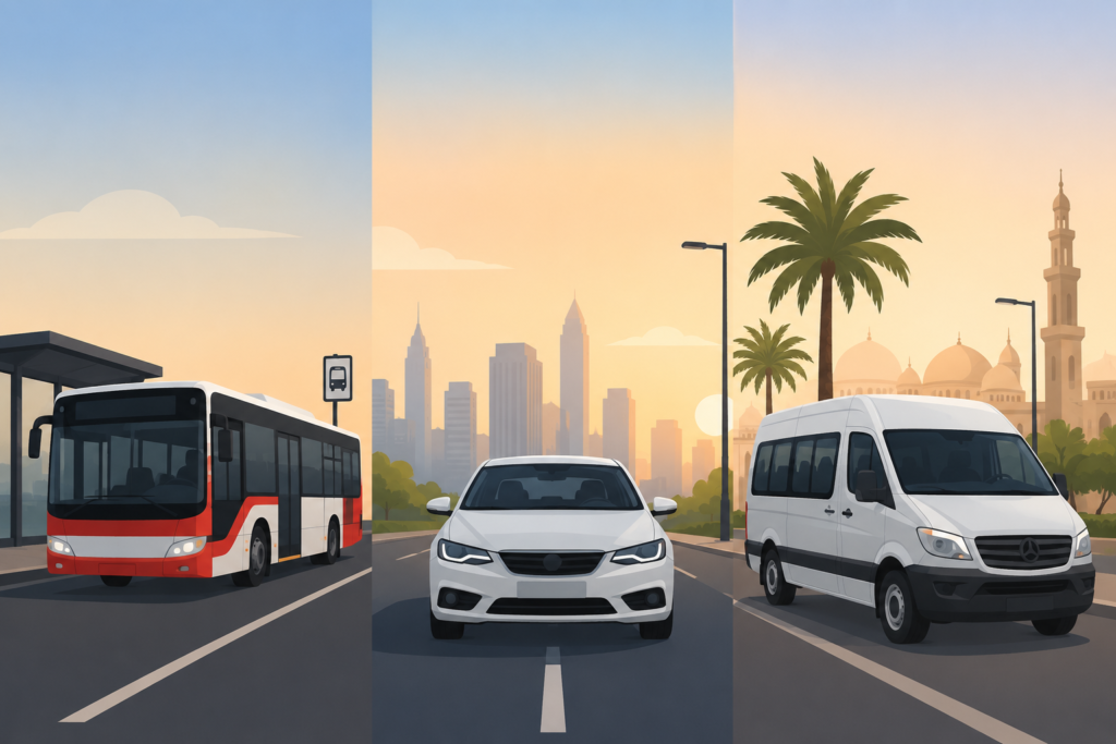 Sharjah to Jebel Ali carlift compared with public bus and taxi transport options, showing affordable and convenient daily commuting solutions for workers traveling between Sharjah and Jebel Ali.