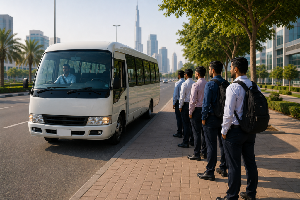 Safety First: What Makes a Reliable Carlift Service for Your Daily Commute Professional passenger boarding a van for a Sharjah to Jebel Ali Freezone commute, highlighting reliable staff transportation near a port at sunset.