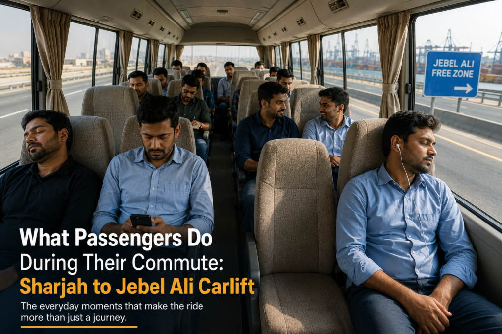 Sharjah to Jebel Ali Carlift passengers resting, working, and chatting during their daily bus commute.