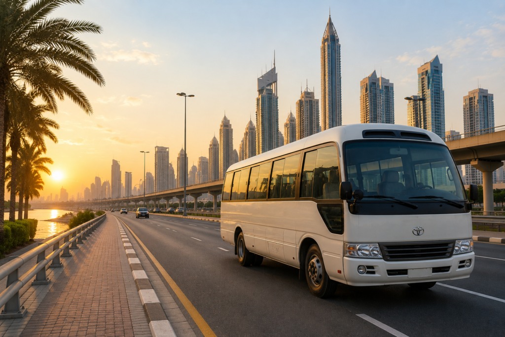 Sharjah to Jebel Ali Transport coaster bus driving on a UAE highway with the Dubai skyline in the background.